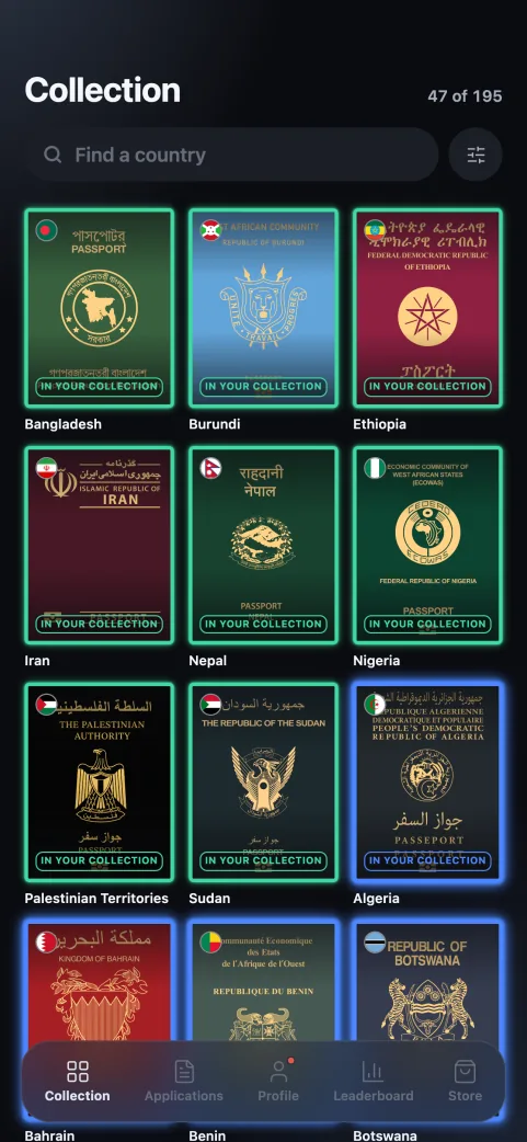 Your passport collection: 47 of 195 countries collected.