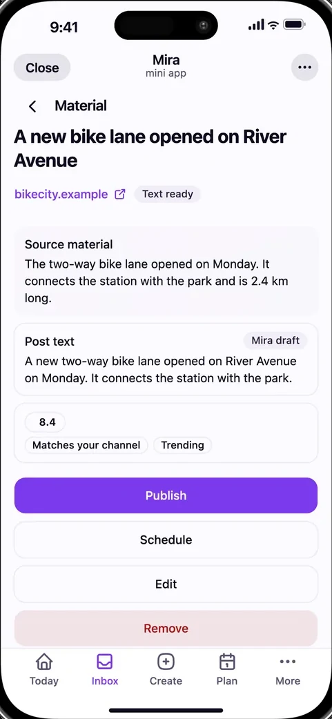 Mira Mini App: an item with its drafted post